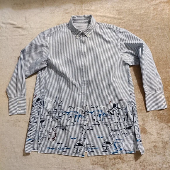 Lafayette 148 New York Plus Kehlani Striped Scenic-Print Shirt - Picture 1 of 14